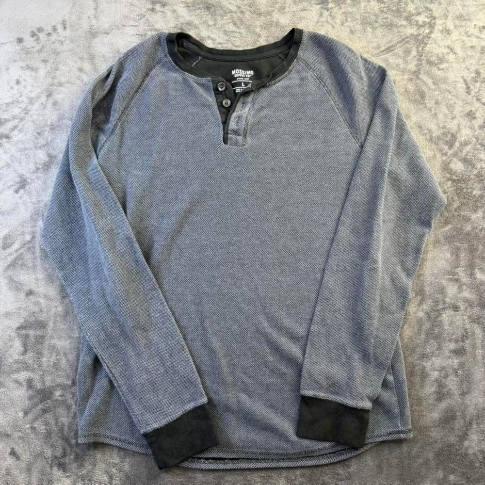 Grunge Y2K Henley Men's Large Gray Black Thermal Waffle Knit Long Sleeve